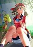  1girl bandana bike_shorts blue_eyes brown_hair gloves highres looking_to_the_side may_(pokemon) pichu pikachu pokemon pokemon_(creature) pokemon_(game) pokemon_rse red_bandana red_shirt rindoriko shirt shorts sitting smile treecko two-tone_gloves 