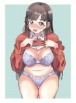  1girl belly blue_bra blue_panties blush bra breasts brown_hair cleavage clothes_lift floral_print full-face_blush highres idolmaster idolmaster_shiny_colors large_breasts lifted_by_self long_hair long_sleeves looking_at_viewer navel no_pants panties plump pokzt001 red_eyes shirt_lift skindentation smile solo sonoda_chiyoko straight_hair sweatdrop thigh_gap underwear very_long_hair 