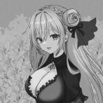  1girl :d braid breasts cleavage dorothy_(nikke) dress empty_eyes flower frilled_dress frills goddess_of_victory:_nikke greyscale hair_between_eyes hair_bun hair_intakes hair_ribbon highres jewelry large_breasts lily_(flower) long_hair looking_at_viewer monochrome necklace open_mouth ribbon sidelocks smile solo ten_sonoyashiki upper_body 