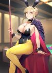  1girl animal_ears artoria_pendragon_(fate) artoria_pendragon_(lancer_alter)_(fate) bare_shoulders black_cape black_leotard blonde_hair bow bowtie braid breasts cape cleavage covered_navel detached_collar fake_animal_ears fate/grand_order fate_(series) french_braid hair_between_eyes highleg highleg_leotard highres horns large_breasts leotard long_hair looking_at_viewer nakaga_eri pantyhose playboy_bunny rabbit_ears revision sidelocks sitting smile solo thighs wrist_cuffs yellow_eyes yellow_pantyhose 