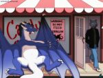 anthro blue_body candy canid canine canis clothed clothing dessert dragon feral food fur hair hi_res horn looking_over male mammal membrane_(anatomy) membranous_wings open_mouth reaching_towards_another reptile rykin scalie sign smile store storefront western_dragon white_body wings wolf 