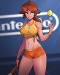  1girl abs alternate_hairstyle artist_name ball blue_eyes blurry blurry_background breasts brown_hair depth_of_field highres kluverdesigns large_breasts legs lipstick looking_at_viewer low_ponytail makeup mario_(series) mario_tennis mario_tennis_aces midriff navel princess princess_daisy racket seductive_smile shirt short_hair shorts smile solo sweat tan tanlines tennis_ball tennis_daisy tennis_racket thighs tied_shirt toned watermark 