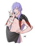  1boy absurdres bandages cape commentary_request da-cart fire_emblem fire_emblem:_three_houses highres long_hair looking_at_viewer male_focus nude purple_eyes purple_hair shoulder_pads simple_background smile solo upper_body white_background yuri_leclerc 