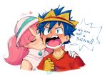  1boy 1girl artist_name asymmetrical_gloves blue_eyes blue_hair blush closed_eyes english_text fossil_fighters gloves hat heart highres hunter_(fossil_fighters) kiss kissing_cheek medium_hair open_mouth pink_hair portrait red_shirt rosie_(fossil_fighters) shirt short_hair signature simple_background sleeveless sound_effects speech_bubble teeth tytofi watermark white_background white_gloves white_shirt yellow_gloves 
