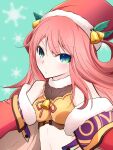  1girl :&lt; bare_shoulders bell closed_mouth commentary_request crop_top fur_trim green_eyes hachimonji_chougi hat highres long_hair long_sleeves midriff official_alternate_costume pink_hair santa_costume santa_hat snowflake_background solo tenka_hyakken tubasa49 upper_body wavy_hair 