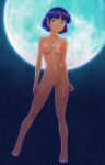 1girl absurdres arms_at_sides bare_shoulders blue_background blue_gemstone blunt_bangs blunt_ends blush bob_cut breasts clitoral_hood closed_mouth collarbone commentary curled_fingers dark dark-skinned_female dark_skin earrings female_pubic_hair full_body full_moon fushigi_no_umi_no_nadia gem gold_bracelet green_eyes groin hair_ornament hairclip highres hoop_earrings jewelry light_blush light_smile looking_at_viewer maruyama_musashi moon nadia_la_arwall navel neck_ring necklace night night_sky nipples pendant pubic_hair purple_hair pussy short_hair sky small_breasts solo spread_legs standing toes uncensored 