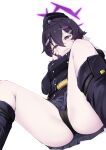  absurdres belt black_panties blue_archive blush garrison_cap hair_between_eyes hair_ornament hairclip halo hands_on_own_cheeks hands_on_own_face haruka_(blue_archive) hat highres komasi lying on_back panties purple_eyes purple_hair underwear white_background 