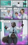  anthro balding beaker belly big_breasts bottomwear breasts clothing coat comic dialogue female gender_transformation hi_res human human_to_anthro lab_coat laboratory_equipment laboratory_glassware male mammal mephitid miltonholmes mtf_transformation necktie pants pawpads scientific_instrument skunk smoke solo species_transformation straining_buttons surprise thick_thighs topwear torn_bottomwear torn_clothing torn_pants transformation weight_gain 