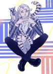  1boy almostghost black_pants blonde_hair formal highres hinrigh_biganduffno hunter_x_hunter lemur long_hair looking_at_viewer mafia male_focus pants shirt signature sitting solo striped_suit suit white_shirt 