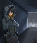  1girl absurdres animal_ears arbor_spirit black_hair blue_eyes chest_rig fox_ears fox_girl gloves grey_gloves grey_hoodie grey_pants highres holster hood hoodie long_sleeves looking_at_viewer original pants rain smoking solo thigh_holster wet wet_clothes 