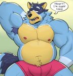  2023 anthro armpit_hair australian_cattle_dog bandit_heeler barazoku belly biceps black_nose blue_body blue_fur bluey_(series) body_hair bulge canid canine canis cattledog clothed clothing dialogue digital_media_(artwork) domestic_dog english_text eyebrows fur herding_dog hi_res male mammal musclegut muscular muscular_anthro muscular_male muscular_thighs navel nipples open_mouth pastoral_dog pecs quads ruffusbleu solo speech_bubble tail teeth text thick_thighs tongue underwear underwear_only yellow_body yellow_fur 