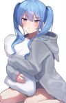  1girl alternate_costume alternate_hairstyle blue_eyes blue_hair blush closed_mouth commentary feet_out_of_frame grey_hoodie grey_shorts highres holding holding_pillow hololive hood hood_down hoodie hoshimachi_suisei hugging_object light_blue_hair long_hair looking_at_viewer loungewear pillow pillow_hug pout short_shorts shorts shumpi simple_background sitting solo star_(symbol) star_in_eye symbol_in_eye twintails virtual_youtuber wariza white_background 