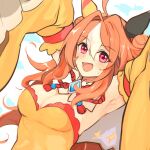  1girl :d absurdres ahoge animal_ears armpits blush breasts cleavage commentary_request copano_rickey_(umamusume) detached_sleeves double_bun dress fang hair_between_eyes hair_bun highres horse_ears long_sleeves looking_at_viewer medium_breasts multicolored_hair orange_hair red_eyes shimura_(hosshi) single_hair_intake smile solo strapless strapless_dress sweat two-tone_hair umamusume white_hair wide_sleeves yellow_dress yellow_sleeves 