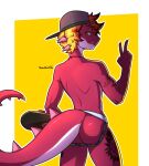  anthro backwards_baseball_cap backwards_hat baseball_cap butt clothing daxxe_(character) gesture hat headgear headwear hi_res jockstrap licking licking_lips male mario_bros mostly_nude nintendo red_body red_scales reptile scales scalie sharkcatsg skateboard solo tattoo tongue tongue_out underwear v_sign yoshi 