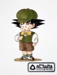  1boy a24wks artist_name black_eyes black_hair bow bowtie brown_shorts cabbie_hat clenched_hand commentary_request dragon_ball dragon_ball_(classic) full_body green_vest hat highres male_focus marker_(medium) official_art shorts solo son_goku sweatdrop toriyama_akira_(style) traditional_bowtie traditional_media vest watermark yellow_bow yellow_bowtie 