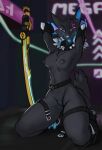  absurd_res andr0ch anthro belly breasts canid canine canis clothing collar crouching epic_games female footwear footwear_only fortnite genitals harness hi_res looking_at_viewer mammal melee_weapon mostly_nude neon_lights pack_leader_highwire pussy scar solo sword weapon wolf 