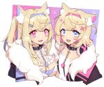  2girls :d animal_ear_fluff animal_ears bandaid_hair_ornament belt_collar black_collar blonde_hair blue_eyes blue_hair blush breasts center_frills chain cleavage collar collarbone commentary_request cropped_torso crossed_bangs dog_ears dog_girl fangs flat_chest frills fur-trimmed_jacket fur_trim fuwawa_abyssgard hair_ornament hair_over_shoulder hairband hairclip highres hololive hololive_english jacket large_breasts long_hair looking_at_viewer mococo_abyssgard multicolored_background multicolored_hair multiple_girls naekam open_mouth pink_eyes pink_hair pink_hairband ponytail purple_hairband shirt short_hair siblings side-by-side sidelocks sisters skin_fangs smile spiked_collar spikes streaked_hair twins two_side_up virtual_youtuber white_shirt x_hair_ornament 