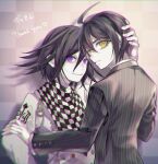  2boys ahoge black_hair black_jacket buttons checkered_background chinsha_(g0_mennasa1) closed_mouth danganronpa_(series) danganronpa_v3:_killing_harmony grey_jacket hair_between_eyes hand_on_another&#039;s_head heart highres jacket long_sleeves looking_at_viewer looking_back male_focus multiple_boys oma_kokichi orange_eyes pale_skin pink_eyes saihara_shuichi short_hair smile striped striped_jacket thank_you translation_request upper_body yaoi 