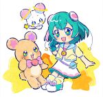  1girl :3 aqua_gloves aqua_hair bear belt_pouch blue_eyes blue_sailor_collar blush creature cropped_jacket dress full_body fuwa_(precure) gloves hagoromo_lala hoppetoonaka3 jacket jewelry loose_socks mahou_girls_precure! mofurun_(mahou_girls_precure!) multicolored_hair necklace open_mouth pink_hair pointy_ears pouch precure sailor_collar shoes short_hair short_sleeves single_glove smile socks standing star-shaped_pupils star_(symbol) star_twinkle_precure streaked_hair symbol-shaped_pupils white_dress yellow_jacket yellow_socks 