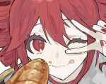 0211nami 1girl :p bread crumbs eating food kasane_teto lowres one_eye_closed portrait red_eyes red_hair simple_background solo tongue tongue_out twintails vocaloid white_background 