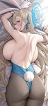  1girl absurdres animal_ears ass asuna_(blue_archive) asuna_(bunny)_(blue_archive) back backboob bare_shoulders bed_sheet blonde_hair blue_archive blue_eyes breast_rest breasts brown_pantyhose fake_tail from_behind gloves halo highres huge_breasts long_hair looking_back lying on_stomach pantyhose rabbit_ears rabbit_tail sheet_grab siu_(siu0207) solo tail very_long_hair white_gloves 