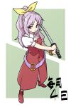  1girl belt bracelet closed_mouth commentary dress full_body green_background hair_ribbon holding holding_sword holding_weapon itani_illust jewelry long_hair looking_back ponytail purple_eyes purple_hair red_dress red_footwear ribbon short_sleeves solo standing sword touhou watatsuki_no_yorihime weapon yellow_ribbon 