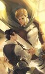 2boys black_hair black_pants black_vest blue_eyes bright_pupils cape collared_shirt english_commentary erwin_smith gravesecrets green_cape highres holding holding_knife holding_weapon knife large_pectorals levi_(shingeki_no_kyojin) long_sleeves looking_at_another male_focus mature_male multiple_boys pants paradis_military_uniform parted_lips pectorals shingeki_no_kyojin shirt short_hair sideburns thigh_strap vest weapon white_pants white_pupils white_shirt 