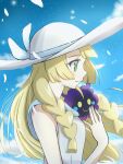  1girl blonde_hair blunt_bangs braid cloud cloudy_sky cosmog dress emapippi falling_petals green_eyes hat highres lillie_(pokemon) long_hair looking_to_the_side on_shoulder petals pokemon pokemon_(creature) pokemon_(game) pokemon_on_shoulder pokemon_sm sky sleeveless sleeveless_dress sun_hat twin_braids white_dress white_headwear 