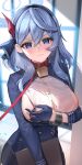  1girl ako_(blue_archive) bell black_gloves black_hairband blue_archive blue_eyes blue_hair blush breasts closed_mouth collar cuffs dayuh gloves hair_between_eyes hairband highres large_breasts long_hair long_sleeves looking_at_viewer neck_bell red_collar shirt sideboob solo white_shirt 