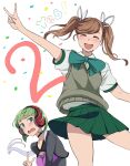  blush brown_hair choker closed_eyes english_text green_eyes green_hair hair_ribbon headphones light_green_hair long_hair meuniel multiple_girls nanase_(under_night_in-birth) open_mouth phonon_(under_night_in-birth) ribbon school_uniform short_hair simple_background skirt smile snake sweater_vest touniyuu twintails under_night_in-birth under_night_in-birth_exe:late[st] v white_background 