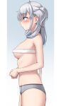  1girl absurdres ahoge blue_eyes blush breasts cowboy_shot from_side grey_hair grey_panties highres kantai_collection kiritto long_hair medium_breasts one_side_up panties parted_lips profile solo suzutsuki_(kancolle) tape_measure underwear 