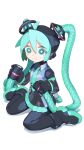  1girl absurdres ahoge android aqua_eyes aqua_hair aqua_necktie boots bright_pupils cable cheri_zao collared_shirt commentary detached_sleeves film_grain full_body grin hands_up hatsune_miku hatsune_miku_(vocaloid3) highres holding holding_cable holding_hair long_hair looking_at_viewer mechanical_parts necktie number_tattoo pleated_skirt robot_girl see-through see-through_skirt see-through_sleeves shirt sitting skirt smile solo tattoo tearing_up tie_clip twintails very_long_hair vocaloid wariza white_background white_pupils 