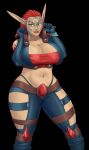  absurdres armor ass belly blue_jacket breasts crop_top facial_tattoo green_eyes highres huge_ass jacket jak_and_daxter large_breasts leather navel non-web_source pointy_ears red_hair revealing_clothes shoulder_armor tattoo thick_thighs thighs wide_hips 