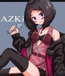  1girl absurdres azki_(2nd_costume)_(hololive) azki_(hololive) bikini bikini_top_only black_bikini black_choker black_coat black_hair black_shorts black_thighhighs blue_eyes blush_stickers bob_cut cel_shading character_name choker choppy_bangs coat commentary dress facial_mark highres holding holding_microphone hololive inverted_bob knee_up long_sleeves looking_at_viewer medium_hair microphone parted_lips pink_dress pink_nails ringed_eyes see-through see-through_dress see-through_midriff short_dress short_shorts shorts sitting sleeveless sleeveless_dress smile solo strapless strapless_bikini swimsuit tanau thighhighs v-shaped_eyebrows virtual_youtuber 