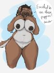  anthro big_breasts breasts brown_body brown_fur brown_hair canid canine canis dialogue domestic_dog ear_piercing ear_ring female floppy_ears fur genitals hair hi_res looking_at_viewer mammal mature_female mcdoogiy millie_(jezzlen) nipples piercing pussy ring_piercing slightly_chubby solo 