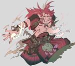  1boy b_exjo2 belt blonde_hair clenched_hand closed_mouth fang fire gourd granblue_fantasy grey_background long_hair looking_at_viewer male_focus multicolored_hair muscular muscular_male outstretched_arm red_eyes red_hair smile solo wilnas_(granblue_fantasy) 