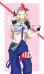  1girl absurdres apollo_(pixiv884782) bandana billy_kane blonde_hair blue_eyes breasts fatal_fury genderswap genderswap_(mtf) gloves highres holding large_breasts long_hair looking_at_viewer midriff navel pretty_billy_kane shirt simple_background snk solo suspenders_hanging the_king_of_fighters the_king_of_fighters_all-stars the_king_of_fighters_for_girls 