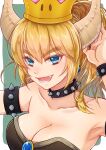 1girl armlet bare_shoulders blonde_hair blue_eyes bowsette bracelet breasts choker cleavage fang horns jewelry large_breasts long_hair looking_at_viewer mario_(series) new_super_mario_bros._u_deluxe open_mouth ponytail sasamuke_pika smile solo spiked_armlet spiked_bracelet spiked_choker spikes super_crown 