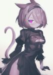 &gt;:( 1girl animal_ears black_dress black_hairband breasts cat_ears cat_girl cat_tail cleavage_cutout clothing_cutout dress final_fantasy final_fantasy_xiv funa_(sakana) hair_over_one_eye hairband highres light_brown_hair looking_at_viewer medium_breasts miqo&#039;te purple_eyes short_hair side_slit simple_background sleeves_past_elbows tail v-shaped_eyebrows warrior_of_light_(ff14) white_background 