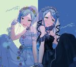  2girls :d absurdres aqua_hair arm_at_side arm_ribbon back-to-back bang_dream! bare_shoulders black_collar black_dress black_gloves blue_background blue_flower blue_rose blush braid braided_bangs breasts bridal_veil character_name collar commentary dated dress earrings feet_out_of_frame floral_print flower flower_earrings frilled_dress frills from_side gem gloves green_background green_eyes hair_flower hair_ornament hand_on_own_chin hand_up happy_birthday highres hikawa_hina hikawa_sayo holding holding_hair jewelry light_particles long_dress long_hair looking_at_viewer looking_to_the_side medium_breasts multiple_girls necklace nobusawa_osamu official_alternate_costume official_alternate_hairstyle open_mouth parted_lips pearl_(gemstone) pendant pink_flower pink_rose print_dress ribbon rose see-through short_hair siblings sidelocks single_braid sisters sitting sleeveless sleeveless_dress smile strapless strapless_dress stud_earrings swept_bangs tiara twins two-tone_background veil wedding_dress white_dress white_flower white_gloves white_ribbon white_rose yellow_flower 