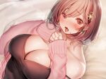  1girl amane_ruri bare_shoulders breasts brown_eyes brown_hair cleavage collarbone commentary_request earrings hair_ornament jewelry large_breasts long_sleeves looking_at_viewer lying on_back open_mouth original pink_sweater saliva short_hair sleeves_past_wrists solo sweater upper_body 