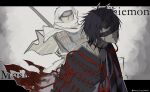  1boy bandage_over_one_eye bandages black_eyes black_hair blood chiemon_(fate) fate/samurai_remnant fate_(series) highres house_tag_denim male_focus polearm shoulder_pads torn_clothes twitter_username weapon 