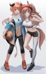  2girls :d absurdres ahoge angelina_(arknights) animal_ears arknights arm_up ball bangs bare_shoulders basketball basketball_uniform black_footwear black_leggings black_shorts blue_jacket blue_shirt breasts brown_hair cleavage closed_mouth collarbone commentary_request cow_horns croissant_(arknights) fox_ears fox_girl full_body green_eyes headband highres holding holding_ball horns jacket large_breasts leggings long_hair looking_at_viewer low_ponytail medium_breasts midriff multiple_girls navel off_shoulder open_mouth orange_footwear orange_hair red_eyes red_headband rhodes_island_logo shadow shirt shoes short_shorts shorts sidelocks simple_background single_thighhigh skindentation smile sneakers sports_bra sportswear standing standing_on_one_leg sthk thighhighs twintails white_background white_sports_bra 