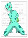  anthro barefoot breasts bulbasaur chest_tattoo claws digital_drawing_(artwork) digital_media_(artwork) feet female generation_1_pokemon genitals hi_res kneeling looking_at_viewer markings mattythemimic navel nintendo nude plant pokemon pokemon_(species) pussy reptile scalie small_breasts smile solo spots spotted_body spotted_markings tattoo teeth text toes young 
