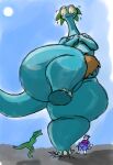  2006 anthro big_breasts big_butt blue_body breasts brontosaurus butt clothed clothing dinosaur diplodocid female group hair headgear huge_butt huge_thighs kazecat macro obese obese_anthro obese_female overweight overweight_anthro overweight_female portia_(kazecat) reptile sauropod scalie simple_background size_difference solo_focus thick_thighs wide_hips 