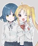  2girls :d arm_hug asymmetrical_hair blonde_hair blue_hair blue_skirt bocchi_the_rock! bow bowtie collared_shirt commentary_request ijichi_nijika long_sleeves looking_at_another looking_at_viewer moga_(ponco_gris) multiple_girls neck_ribbon one_eye_closed orange_eyes outline polka_dot polka_dot_bow red_bow red_bowtie ribbon shirt shirt_tucked_in short_hair side_ponytail simple_background skirt smile upper_body v white_outline white_shirt yamada_ryou yellow_eyes 