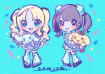  2girls :3 black_hair blonde_hair blue_background blue_eyes blush bpm15q chibi cinnamoroll closed_mouth commentary_request copyright_name dress full_body hair_tie highres holding holding_stuffed_toy ichigo_rinahamu kiato long_hair looking_at_viewer multiple_girls nicamoq open_mouth parted_bangs pompompurin real_life red_eyes sanrio smile standing stuffed_animal stuffed_rabbit stuffed_toy twintails white_dress 