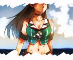  1girl black_choker black_hair breasts choker choukai_(kancolle) choukai_kai_ni_(kancolle) cleavage cloud commentary_request crop_top day glasses highres kantai_collection large_breasts long_hair midriff oeoeuhoho opaque_glasses outdoors parted_lips sky sleeveless solo sweat 