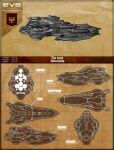  3d brown_theme commentary concept_art copyright_name cruiser_(eve_online) english_text eve_online from_side gallente_federation_(eve_online) highres logo military_vehicle mirage876 multiple_views no_humans original reference_sheet science_fiction spacecraft thrusters vehicle_focus 