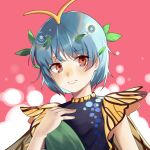  1girl antennae aqua_hair butterfly_wings dress eternity_larva fairy green_dress highres leaf leaf_on_head multicolored_background multicolored_clothes multicolored_dress open_mouth orange_eyes short_hair short_sleeves smile solo touhou upper_body wings yorktown_cv-5 